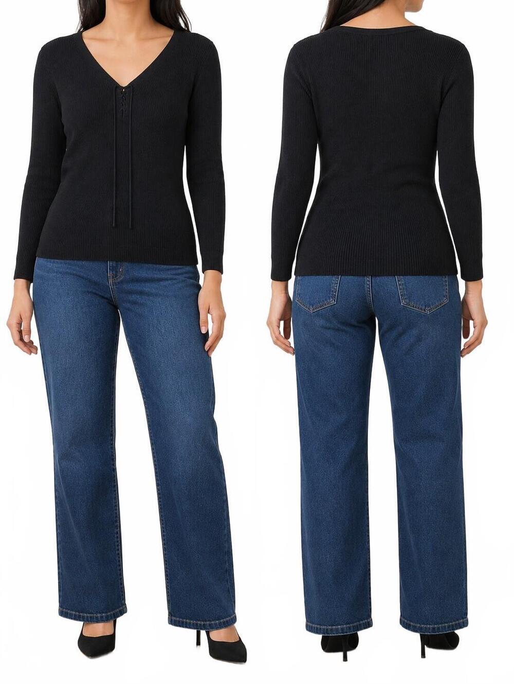 Vintage Apostrophe Women's Sweater. Classic Black Ribbed Knit With A Flattering